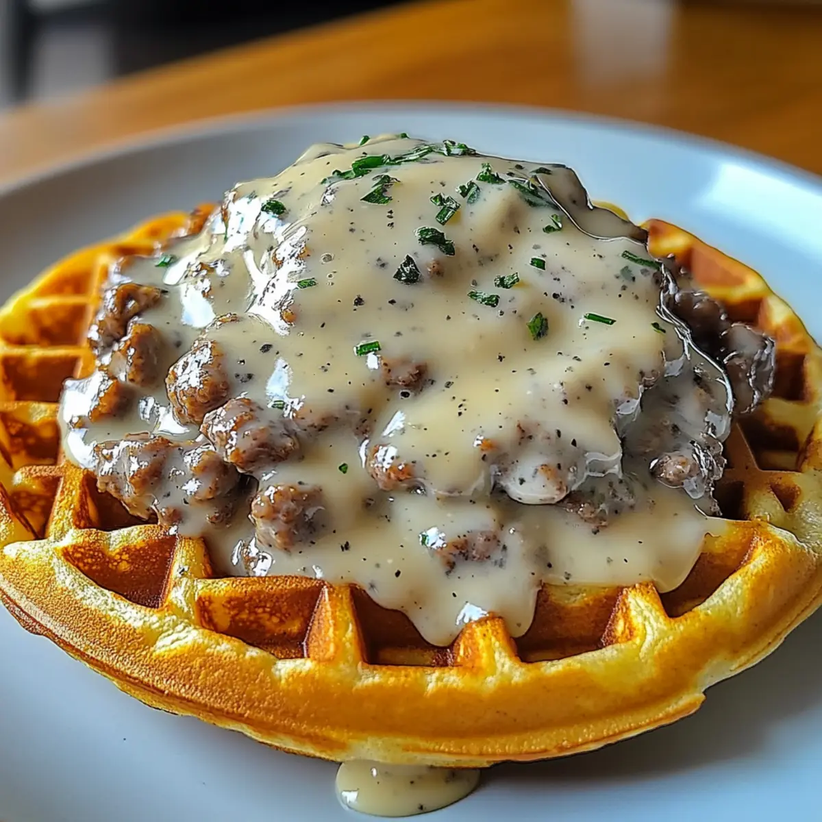 Cheddar Chive Waffles with Sausage Gravy