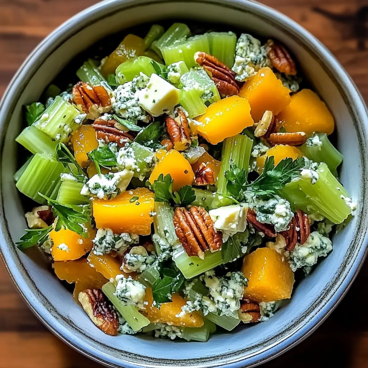 Celery Chopped Salad with Apricots, Gorgonzola, and Pecans Delight