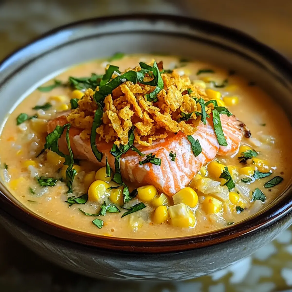 Delightful Corn Gazpacho with Salmon & Crispy Rice Treat