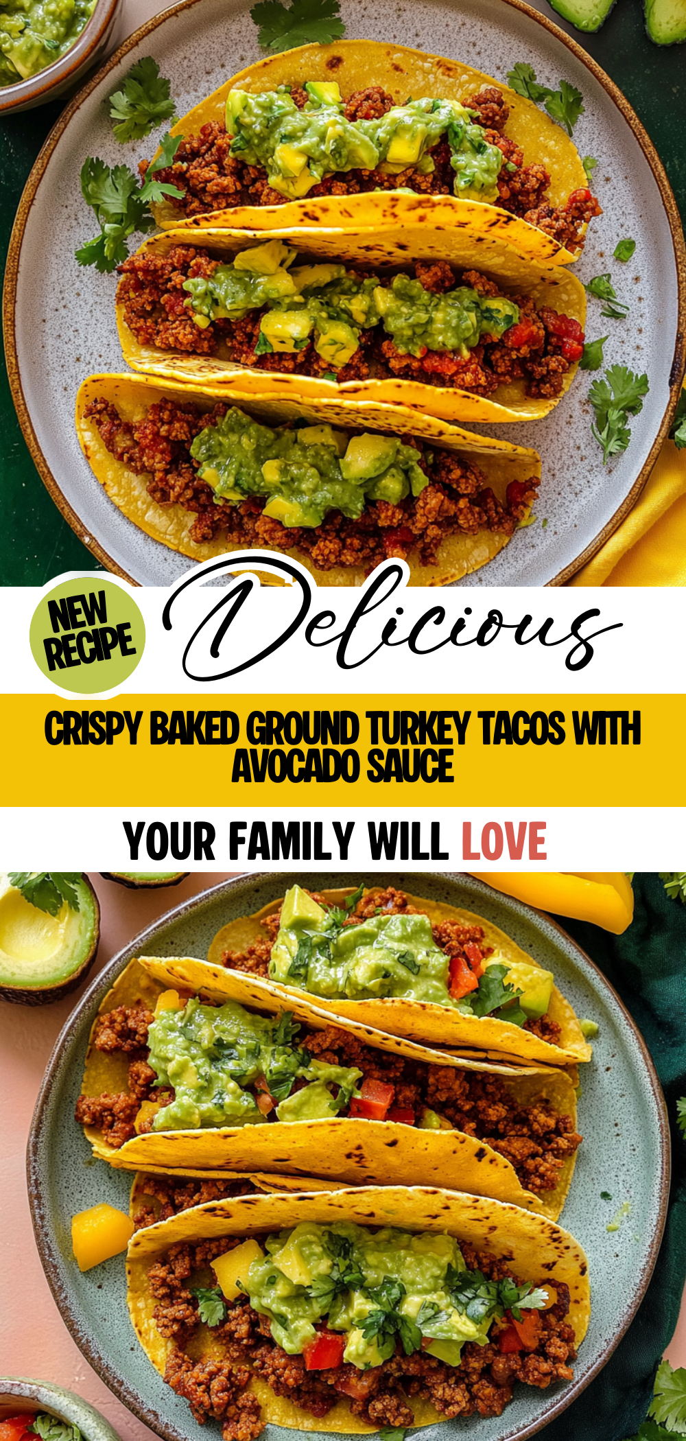 Crispy Baked Ground Turkey Tacos with Avocado Sauce