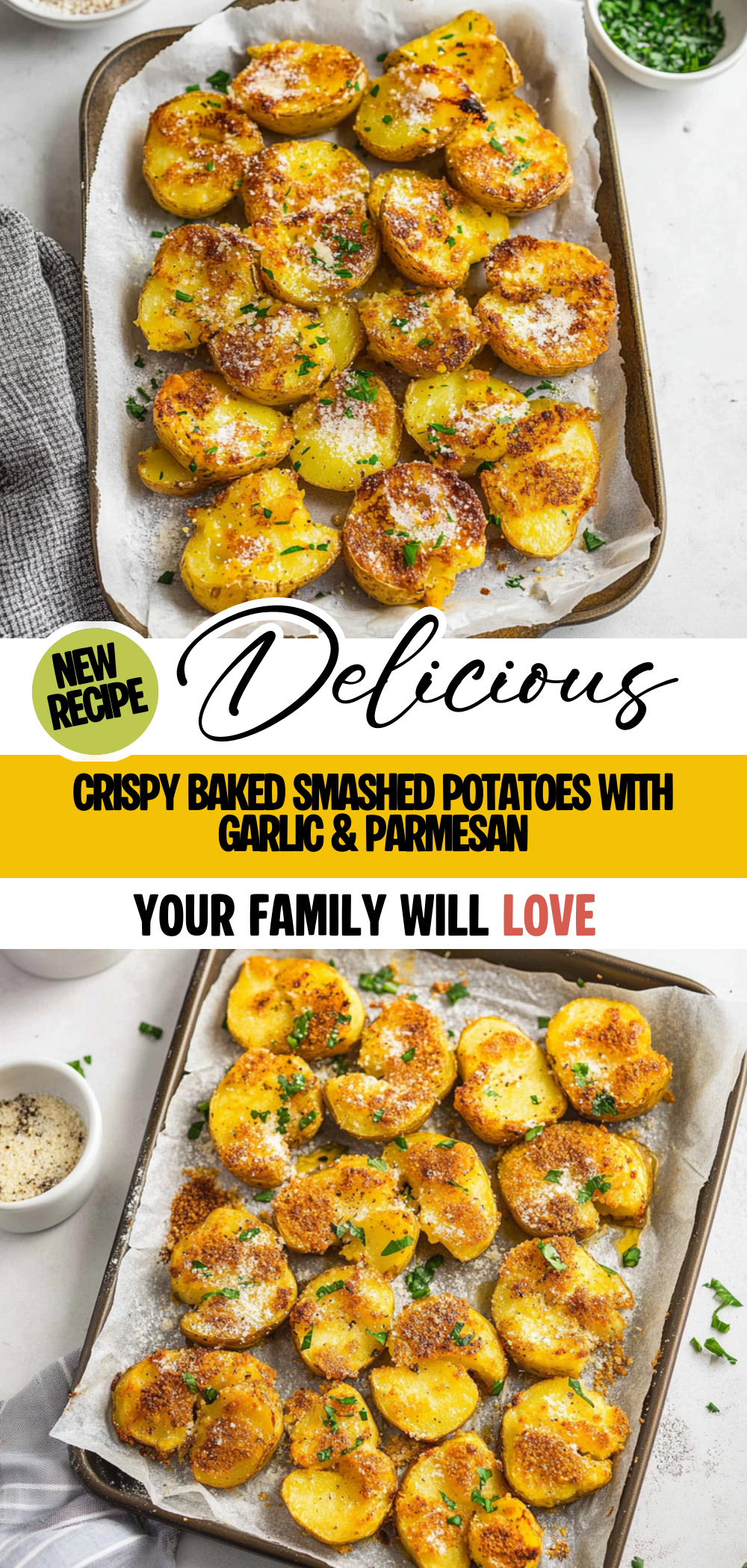 Crispy Baked Smashed Potatoes with Garlic & Parmesan